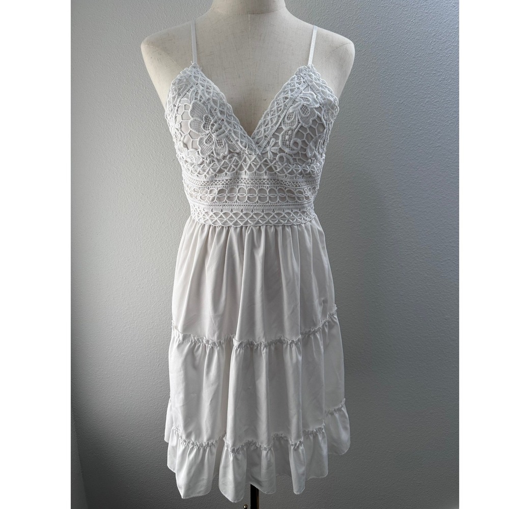 Unbranded Crochet Lace Mini Dress Women Size S White Tiered Boho Summer Festival